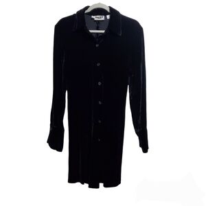 DKNY Vintage Velveteen Velour Silk Blend Button Down Black Shirt Dress S…